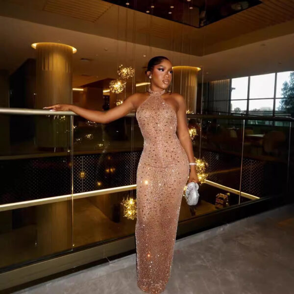 Elegant Halter Rhinestone Halter With Lining Apricot Long Skirt - Image 2