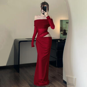 Spring New Off-shoulder Mesh Stitching Long Sleeves Hollow Dress Women
